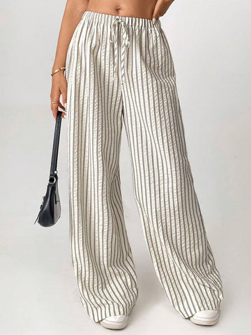 Tall Loose Striped Wide-Leg Pants With Front Tie, Casual Wear