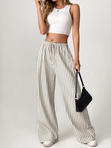 Tall Loose Striped Wide-Leg Pants With Front Tie, Casual Wear