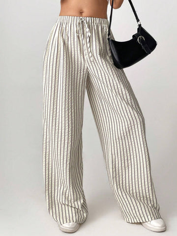 Tall Loose Striped Wide-Leg Pants With Front Tie, Casual Wear