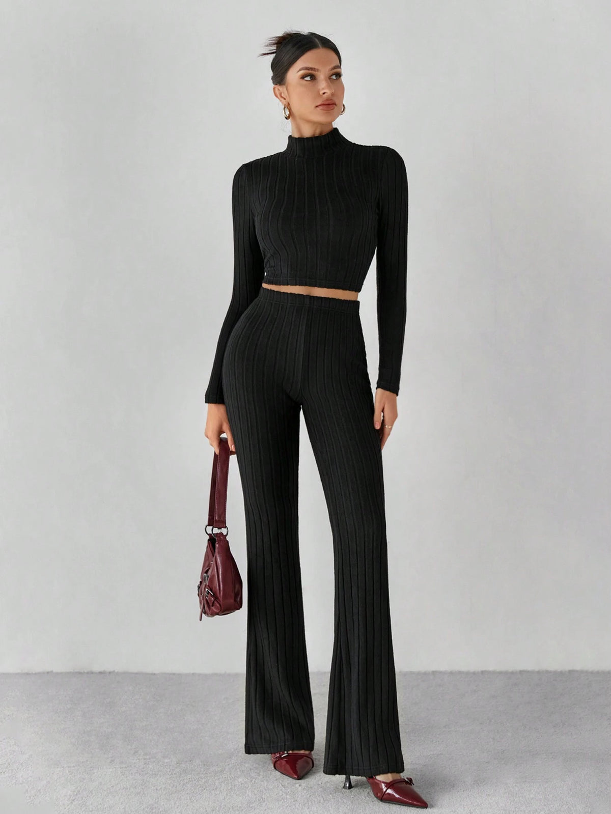 Mock Neck Crop Tee & Flare Leg Pants Back Two Piece Back Two Piece Set