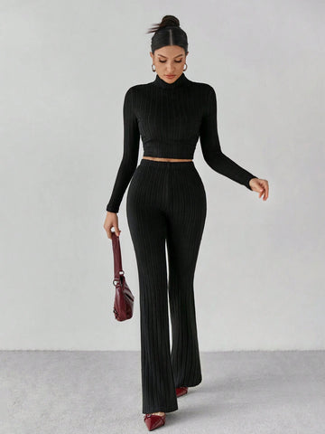 Mock Neck Crop Tee & Flare Leg Pants Back Two Piece Back Two Piece Set