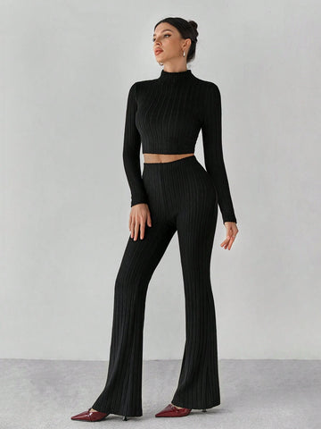Mock Neck Crop Tee & Flare Leg Pants Back Two Piece Back Two Piece Set