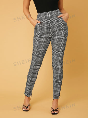 Tall Plaid High Waist Slit Hem Pants