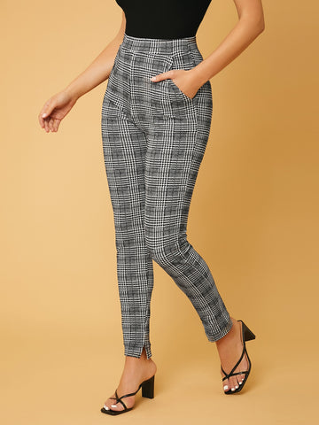 Tall Plaid High Waist Slit Hem Pants