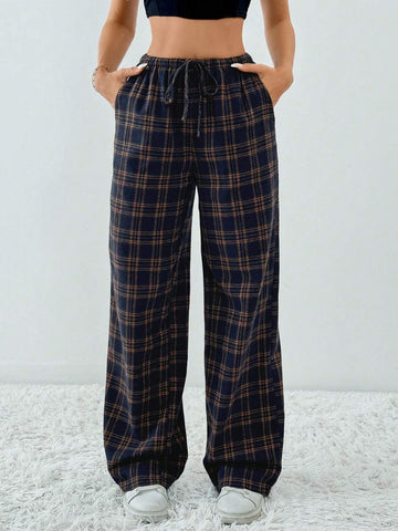 Tall Plaid Printed Drawstring Waistband Slanted Pocket Loose Casual Wide Leg Pants