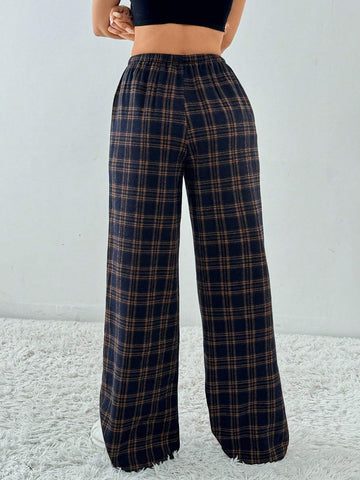 Tall Plaid Printed Drawstring Waistband Slanted Pocket Loose Casual Wide Leg Pants