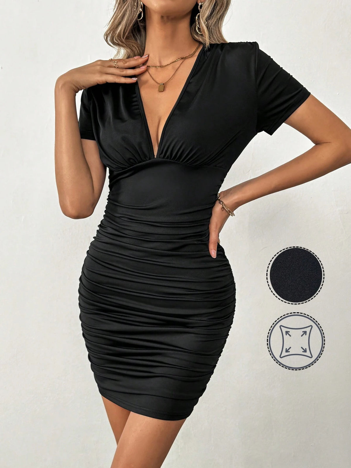 Plunging Neck Ruched Bodycon Refreshing Dress