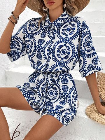 Printed Short Sleeve Jumpsuit With Elastic Waist
