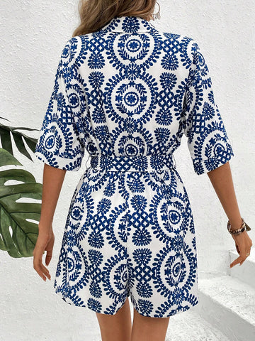 Printed Short Sleeve Jumpsuit With Elastic Waist