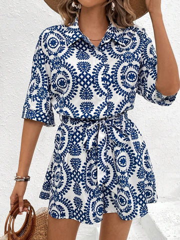Printed Short Sleeve Jumpsuit With Elastic Waist