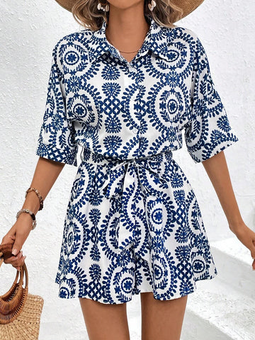 Printed Short Sleeve Jumpsuit With Elastic Waist