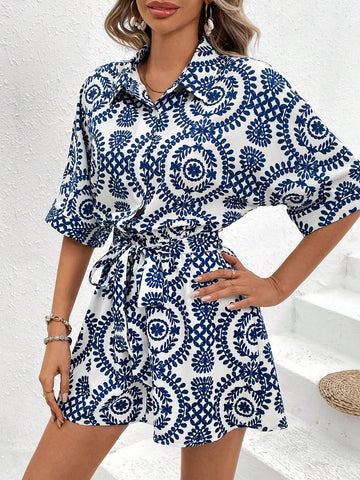 Printed Short Sleeve Jumpsuit With Elastic Waist