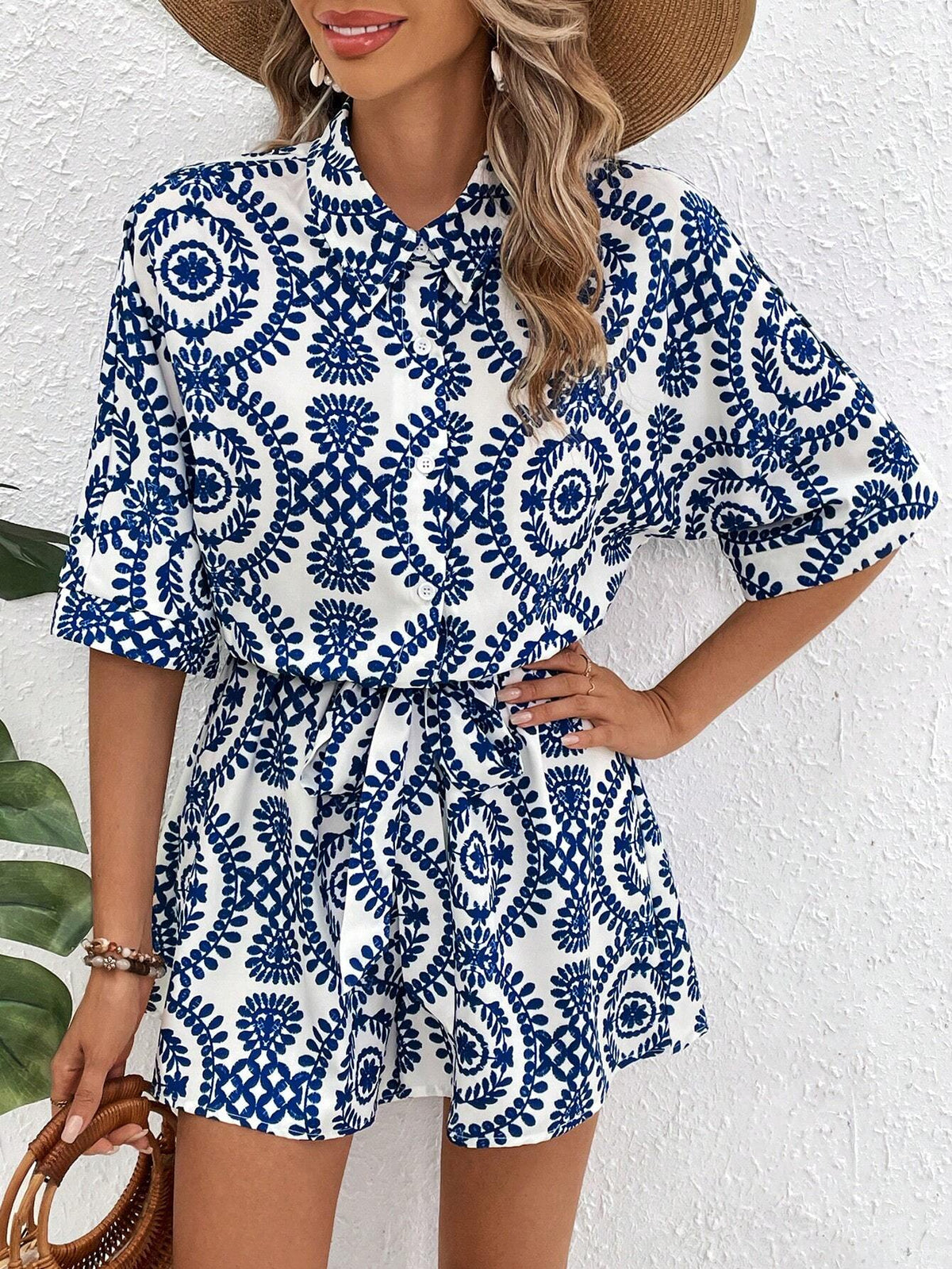 Printed Short Sleeve Jumpsuit With Elastic Waist