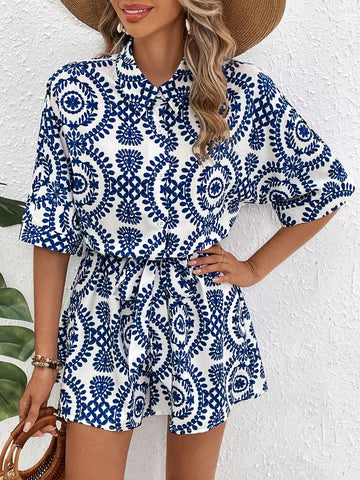 Printed Short Sleeve Jumpsuit With Elastic Waist