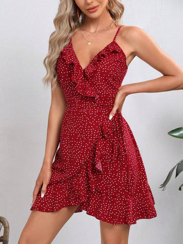 Red Polka Dot Print Wrap Front Dress With Ruffles And Side Tie Detail