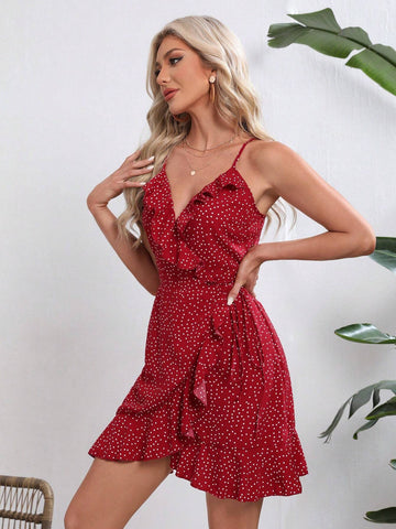 Red Polka Dot Print Wrap Front Dress With Ruffles And Side Tie Detail