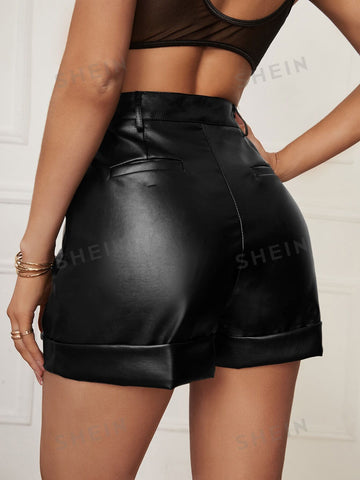 Tall Roll Hem Plicated Detail PU Shorts