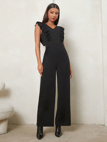 Ruffle Trim Wide Leg Jumpsuit