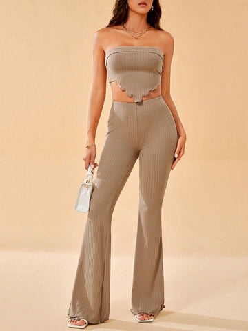 Solid Color Asymmetric Hem Short Tube Top And Ribbed Knit Flare Pants