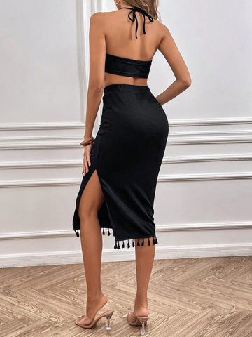 Solid Color Halter Neck Open Back Tassel Decor Top + Thigh-High Slit Skirt Set