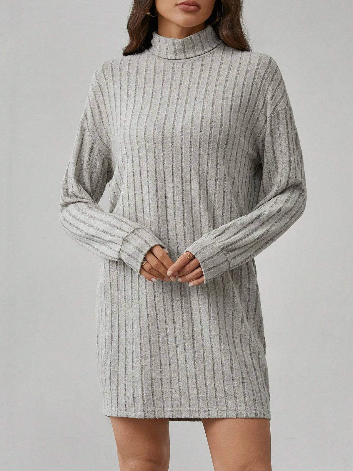 Solid Color High Neck Long Sleeve Textured Fabric Dress
