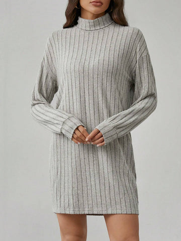 Solid Color High Neck Long Sleeve Textured Fabric Dress