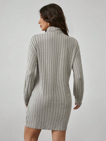 Solid Color High Neck Long Sleeve Textured Fabric Dress