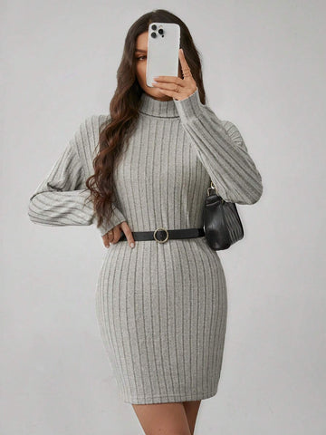 Solid Color High Neck Long Sleeve Textured Fabric Dress