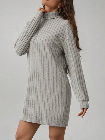 Solid Color High Neck Long Sleeve Textured Fabric Dress