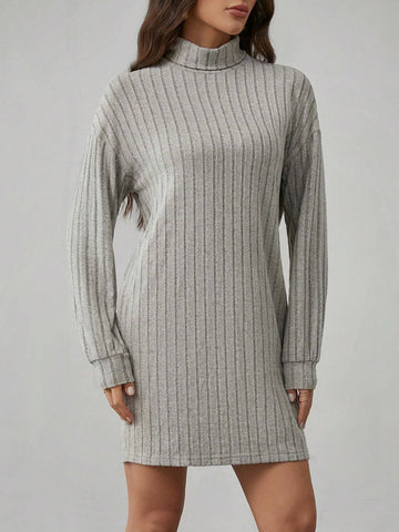 Solid Color High Neck Long Sleeve Textured Fabric Dress
