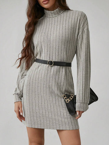 Solid Color High Neck Long Sleeve Textured Fabric Dress