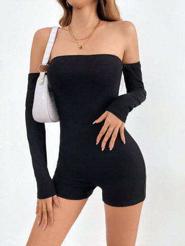 Solid Color One Shoulder Skinny Romper
