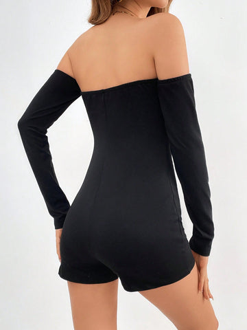 Solid Color One Shoulder Skinny Romper