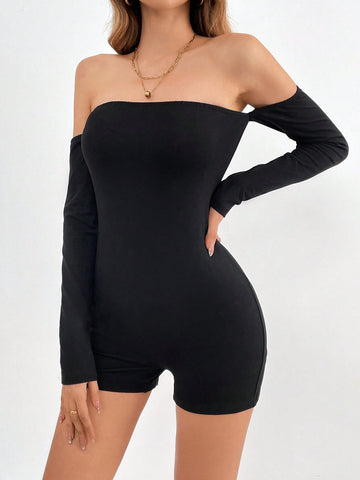 Solid Color One Shoulder Skinny Romper