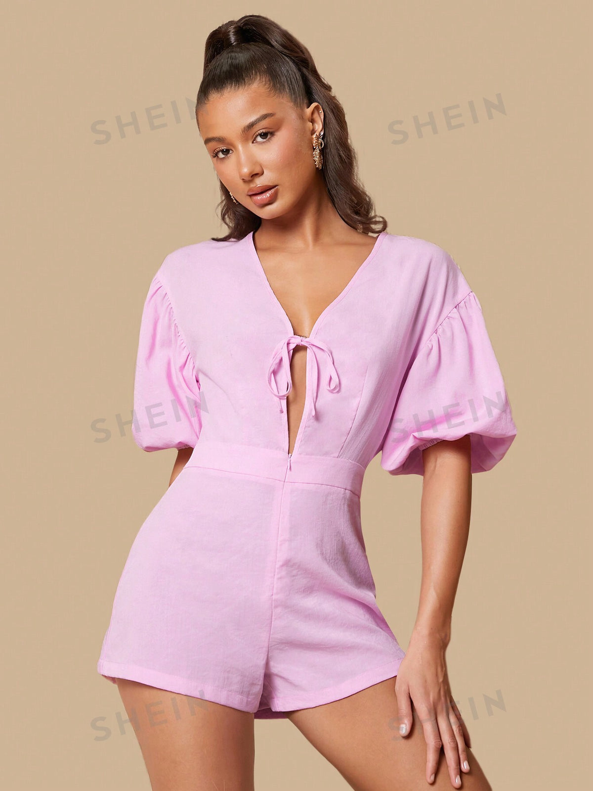 Solid Color Romper With Puff Sleeves And Belt