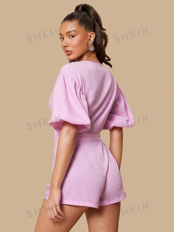 Solid Color Romper With Puff Sleeves And Belt