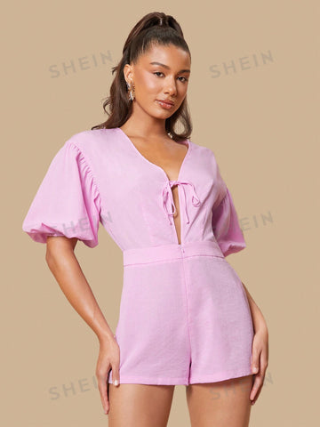 Solid Color Romper With Puff Sleeves And Belt