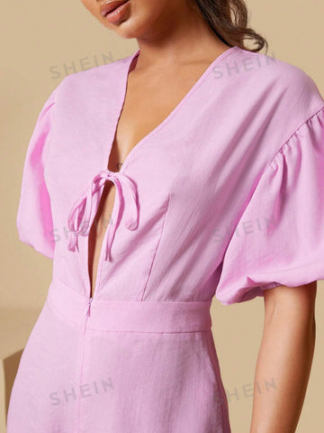 Solid Color Romper With Puff Sleeves And Belt