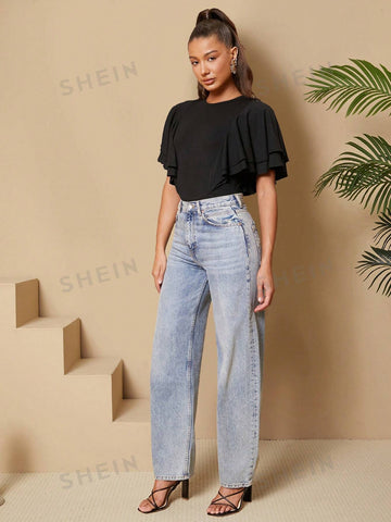 Solid Color Ruffle Sleeve Slim Fit Bodysuit