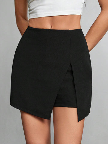 Tall Solid Color Slit Hem Black Culottes Suitable For Going Out