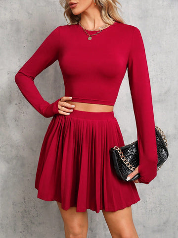 Solid Crop Tee & Pleated Skirt