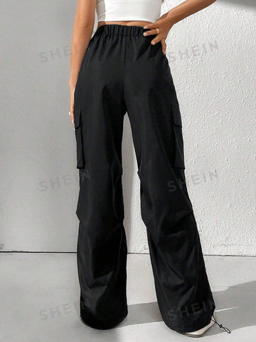 Tall Solid Elastic Waist Flap Pocket Side Cargo Pants