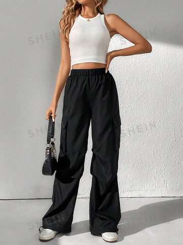 Tall Solid Elastic Waist Flap Pocket Side Cargo Pants