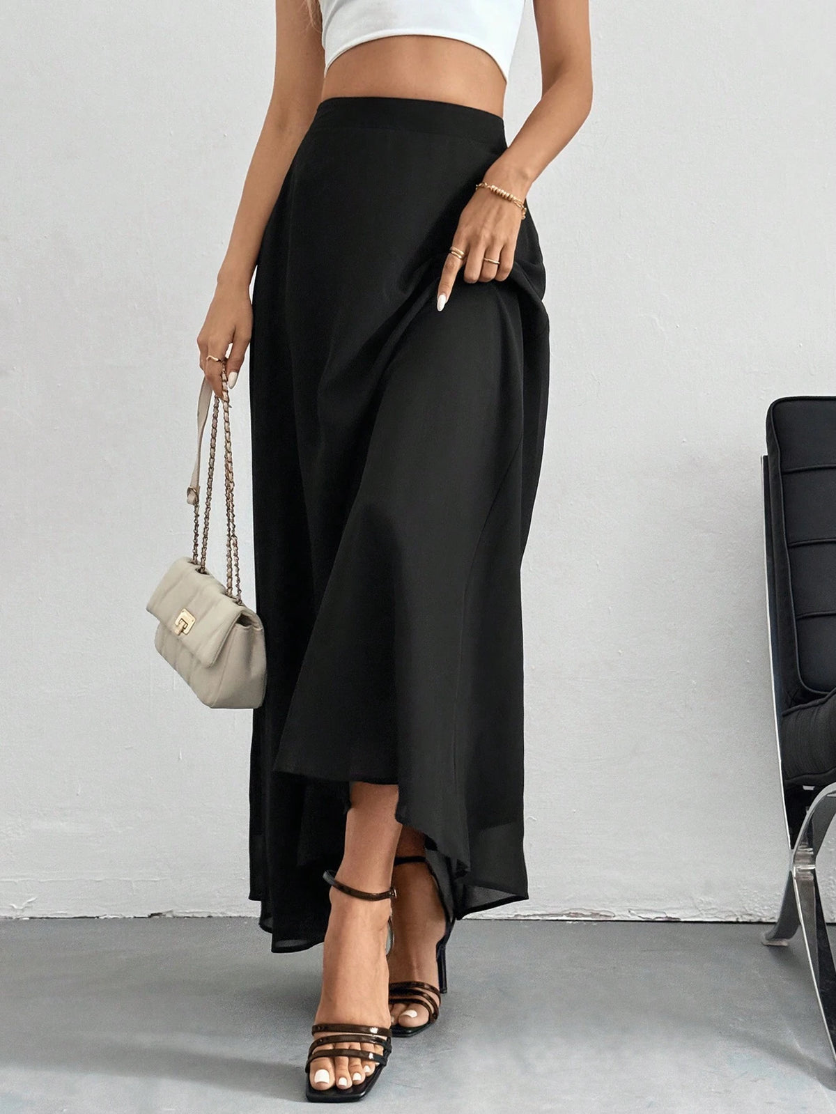 Tall Solid High Waist A-Line Black Skirt