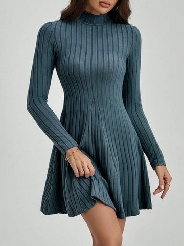 Long Sleeve Mock Neck Rib Knit Dress