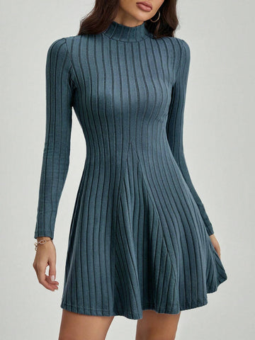 Long Sleeve Mock Neck Rib Knit Dress