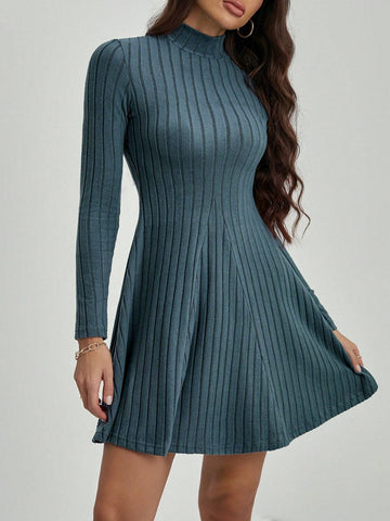 Long Sleeve Mock Neck Rib Knit Dress