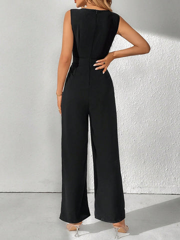Solid V Neck Sleeveless Jumpsuit