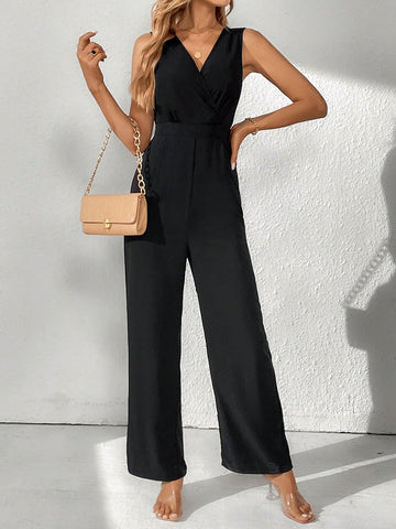 Solid V Neck Sleeveless Jumpsuit