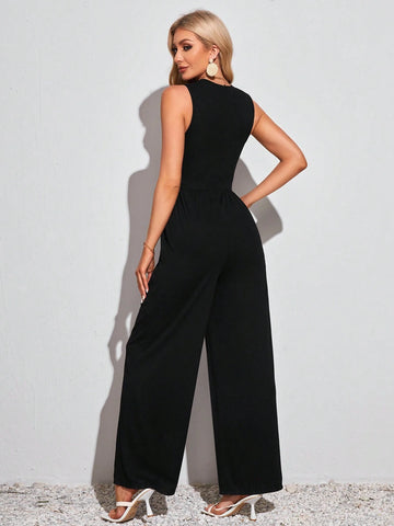 Spring/Summer Casual Solid Color Sleeveless Wide Leg Jumpsuit With Round Neckline